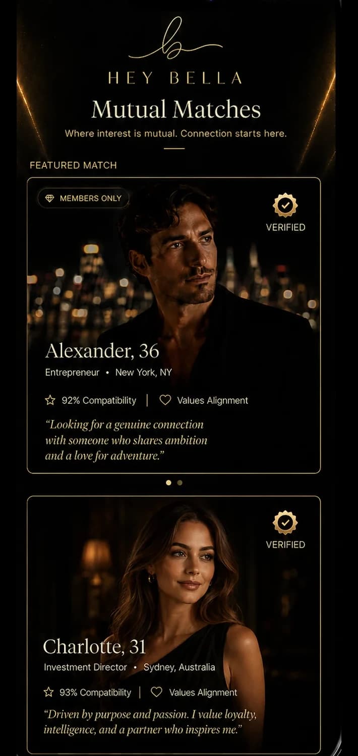 Hey Bella mutual matches screen with verified profile cards.