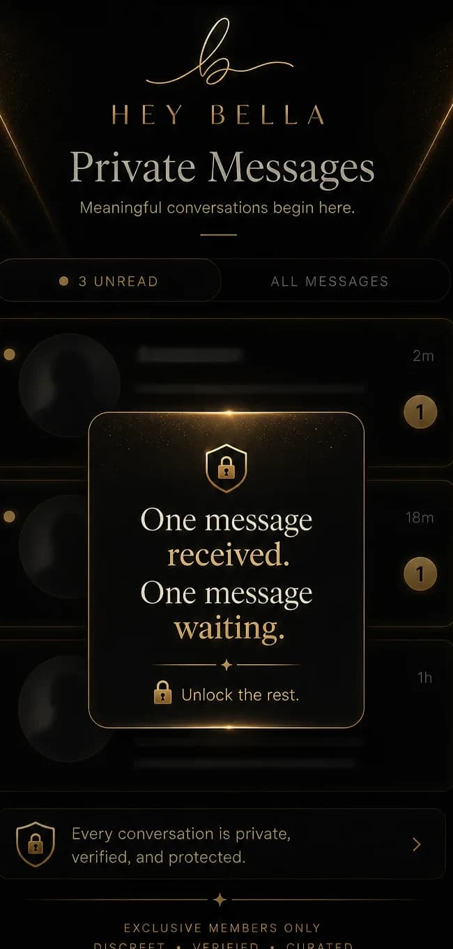 Hey Bella private messages screen showing a protected message waiting.