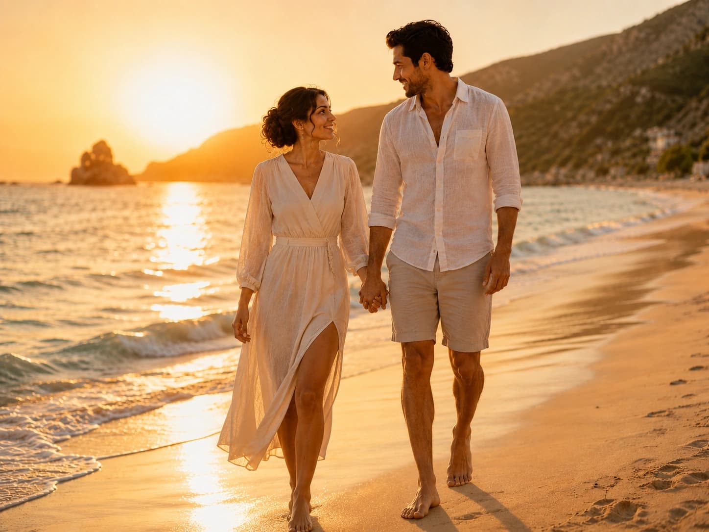 Couple holding hands while walking along a sunlit beach.